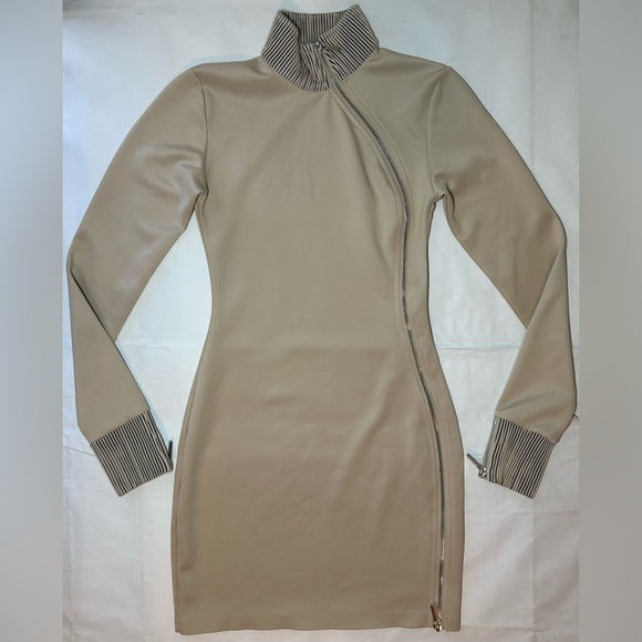 Maniere De Voir High Neck Neoprene Zip Detail Dress Beige Size 2 - Picture 9 of 9